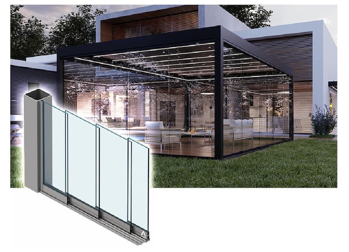 Volledig beglaasde schuifconstructie voor pergola's, terrassen en loggia's
